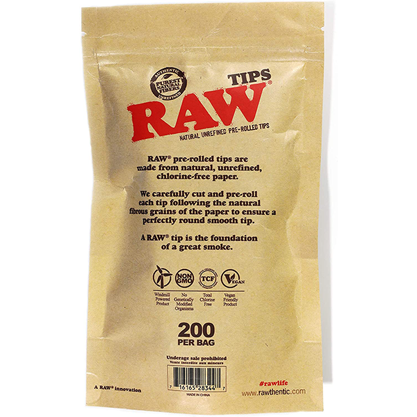 Raw Pre-Rolled Unbleached Tips, Bag/200 20/Case